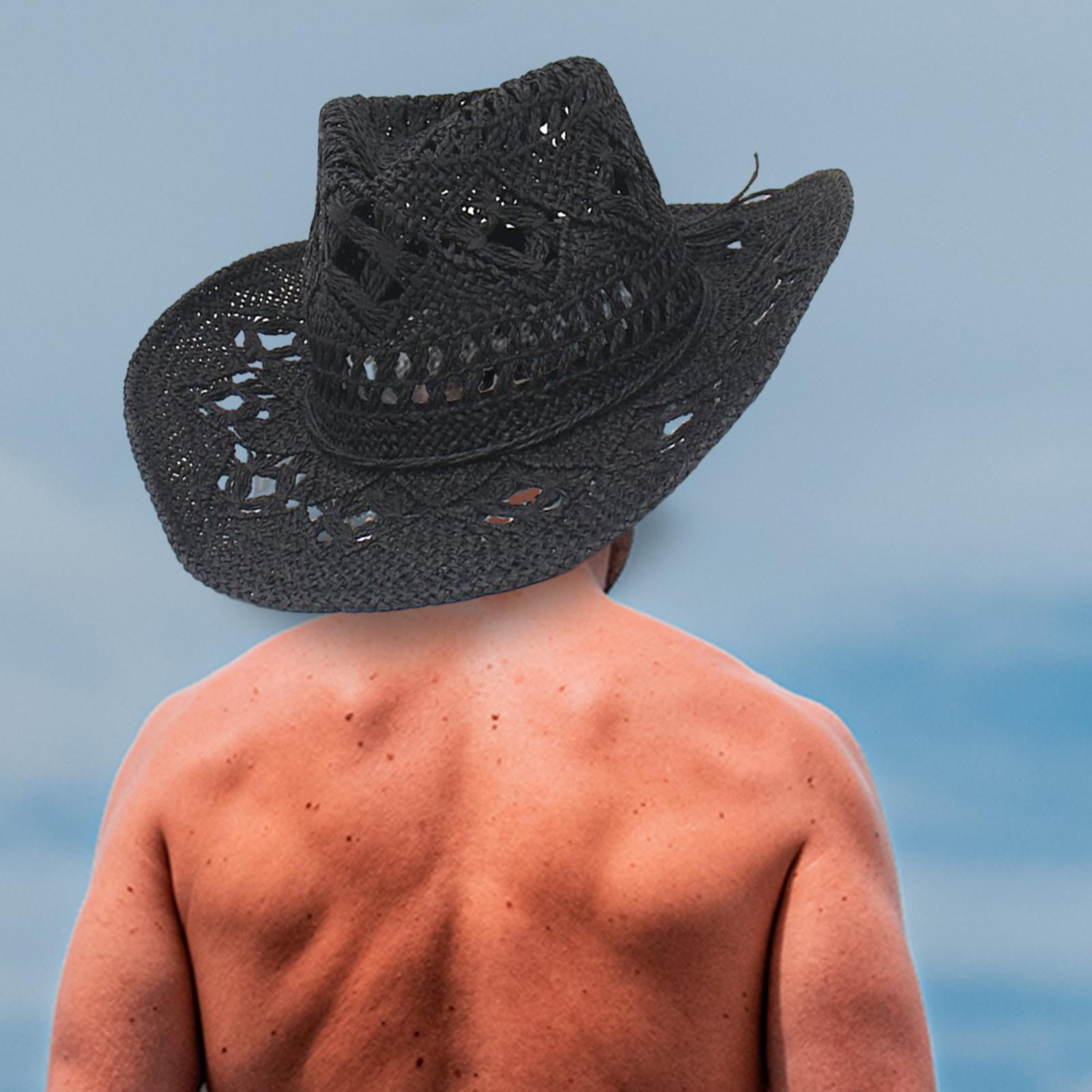 VINTAGE COWBOY HAT 80s HAT WORKS Black Straw Western Sun Beach Hiking Travel Western Cowboy Straw Hat Wide Brim Cowgirl Sun Hat with Hat  main image 2