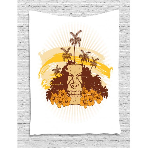 Sunburst Tapestry, Grunge Style Tropical Tiki Structure and Palm Trees in Design, Wall Hanging for Bedroom Living Room Dorm Decor, 40W X 60L Inches, White Redbrown Ecru and Orange, by Ambesonne