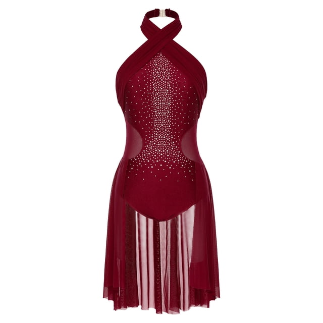 Moggemol Robe de Danse Lyrique pour Femmes, Col Licou, Strass, Danse Moderne Contemporaine, Bourgogne, TG