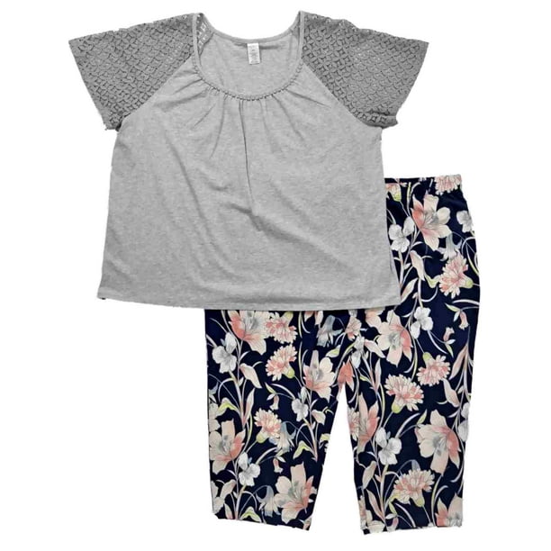Womens Gray Black Carnation Flower Pajamas Lace Trimmed Capri Sleep Set ...