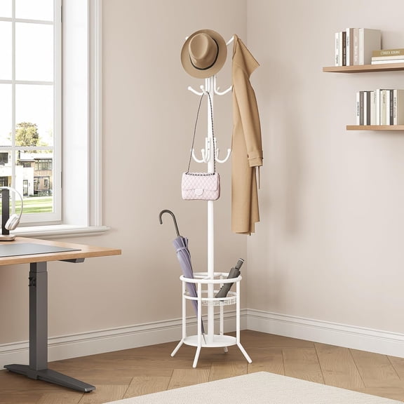 Coat Rack Freestanding, Metal Coat Rack Stand with Umbrella Holder, Modern Coat Tree with Hooks, Floor Standing Corner Hall Tree for Entryway Living Room Bedroom Office, White