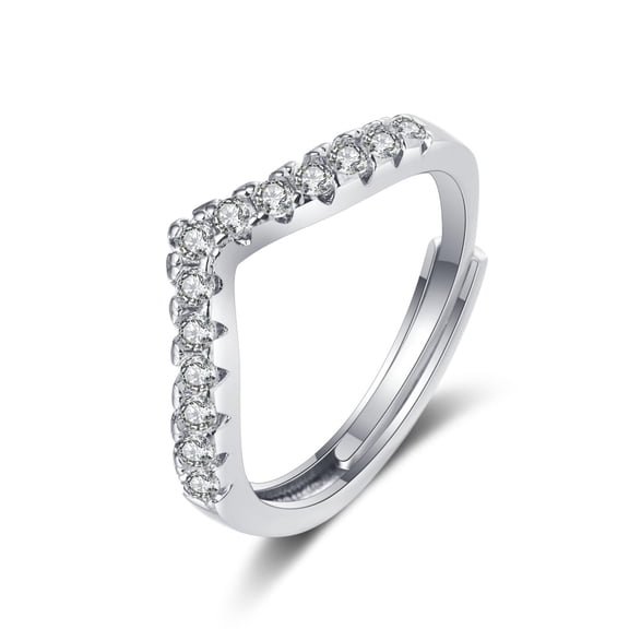 CILENON Gold Wedding Bands for Women Stylish Personality Elegant Diamond V Timber Diamond Live Imitation High Diamond Simple Personality Opening Adjustable Female Ring (Silver,One Size)