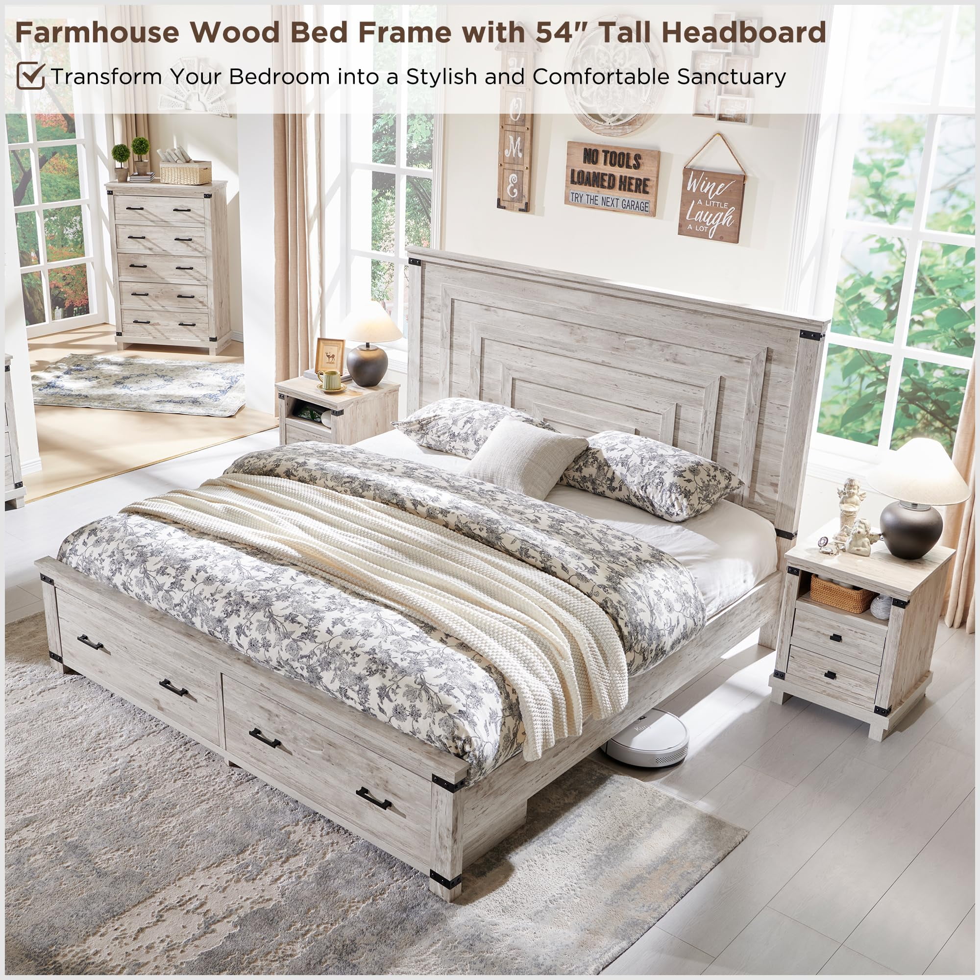 OKD Queen Size Bed Frame W/ 54" Tall Geometric Headboard, Farmhouse Wood Platform Bed W/ 2 Large Storage Drawers, No Box Spring Needed, Antique Brush White