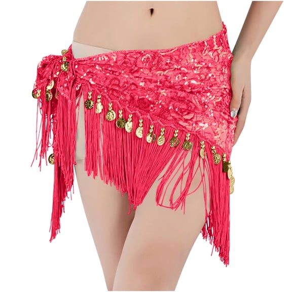 Womens Sequin Belly Dance Wrap Skirts Tie Side Tassel Fringe Coins Triangle Hip Scarf Skirts Watermelon Red, Free Size