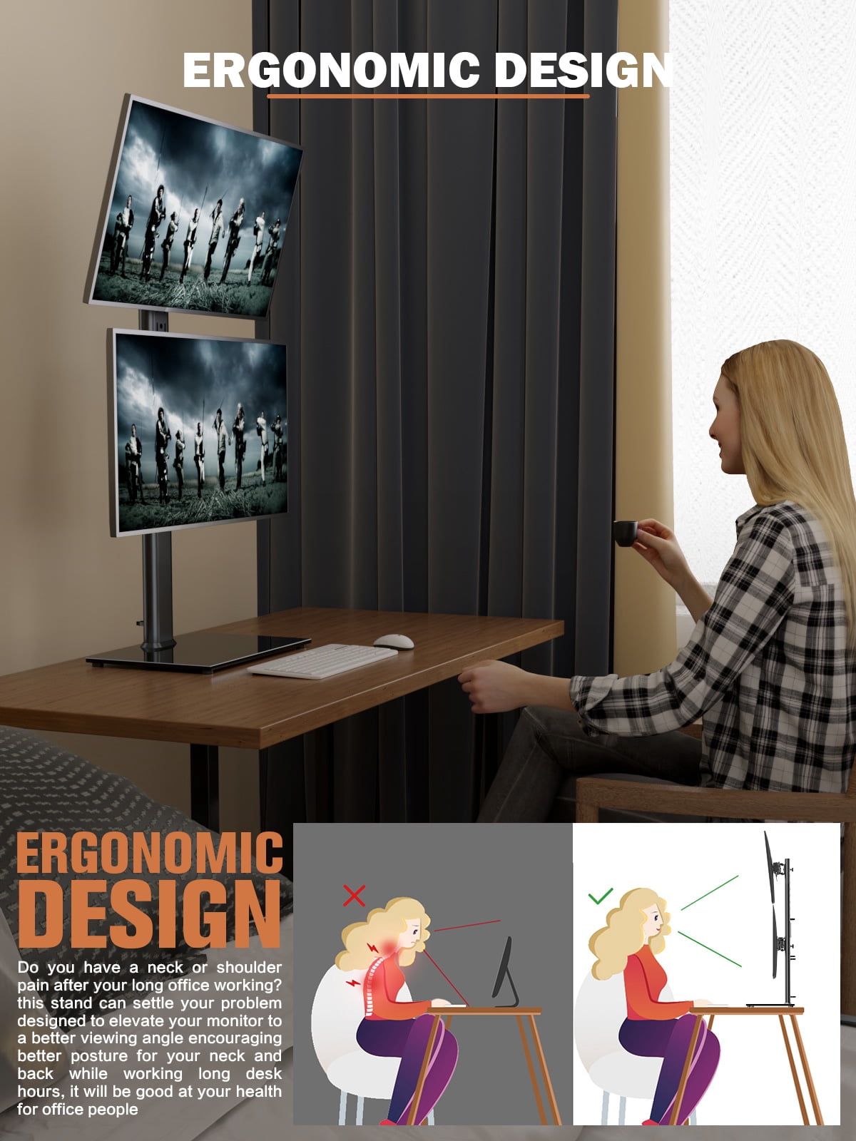 Hemudu HT05B002W Dual Freestanding Monitor Stand
