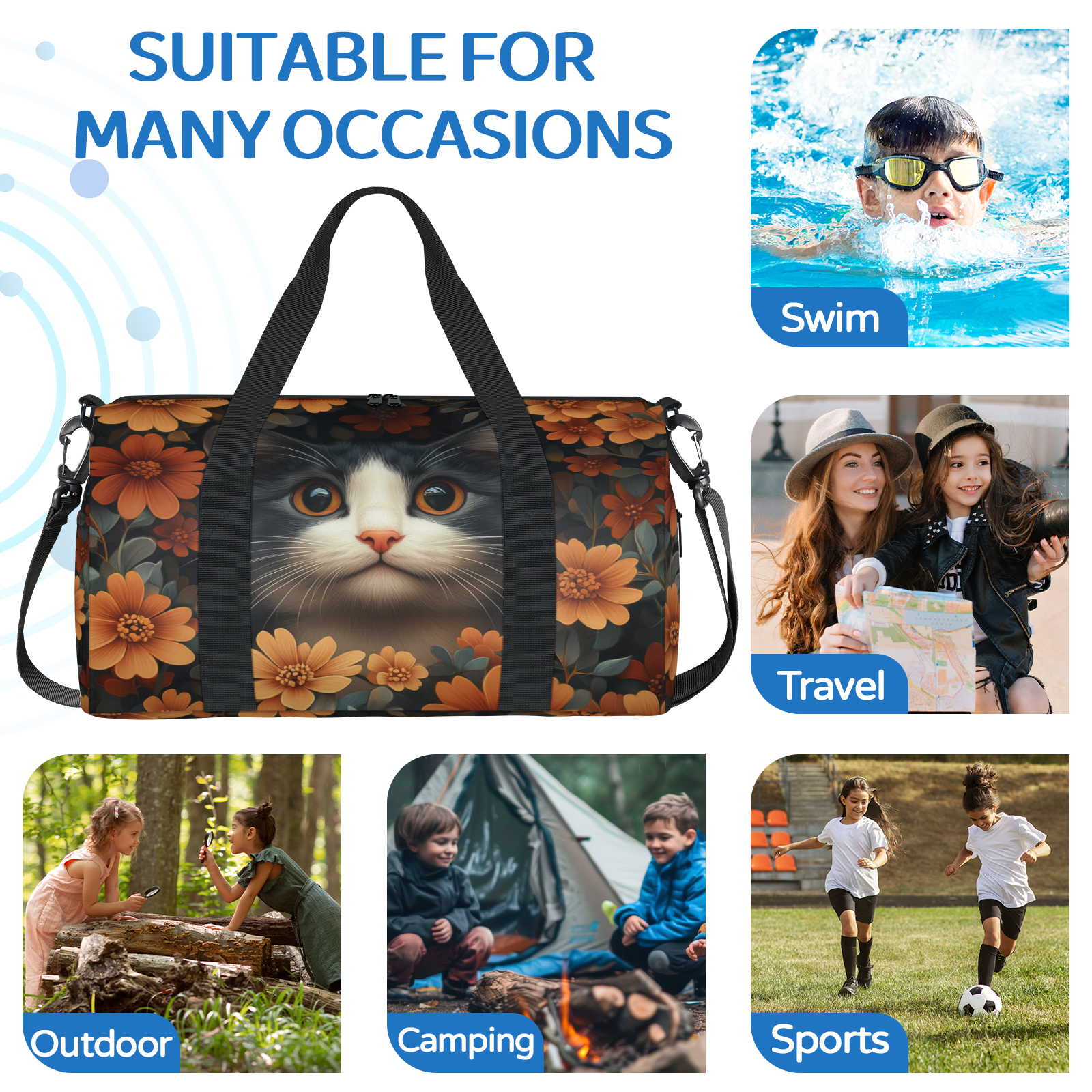 Herdesigns Cat Gym Bag for Women, Flower Cat Duffle Bag for Travel Sport, Lightweight Waterproof Carry on Weekender Overnight Dance Yoga Workout Bags