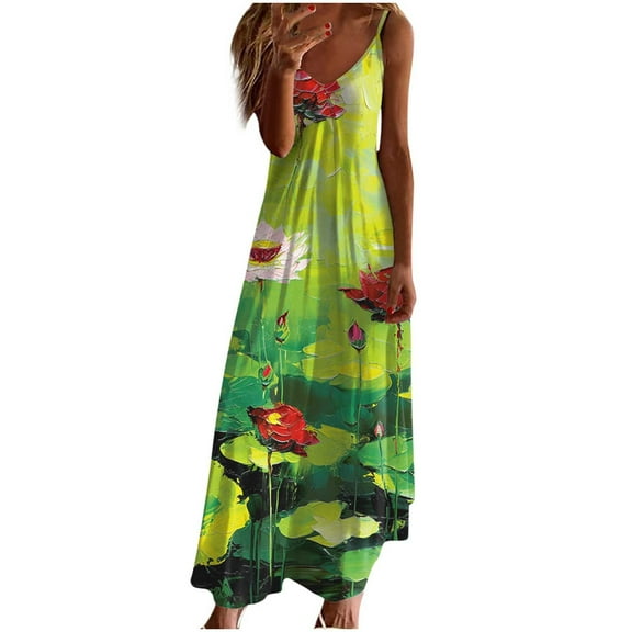 LYXSSBYX Boho Dresses for Women 2024 Summer Dresses for Women Print Sleeveless Round Neck Dress Casual Dresses