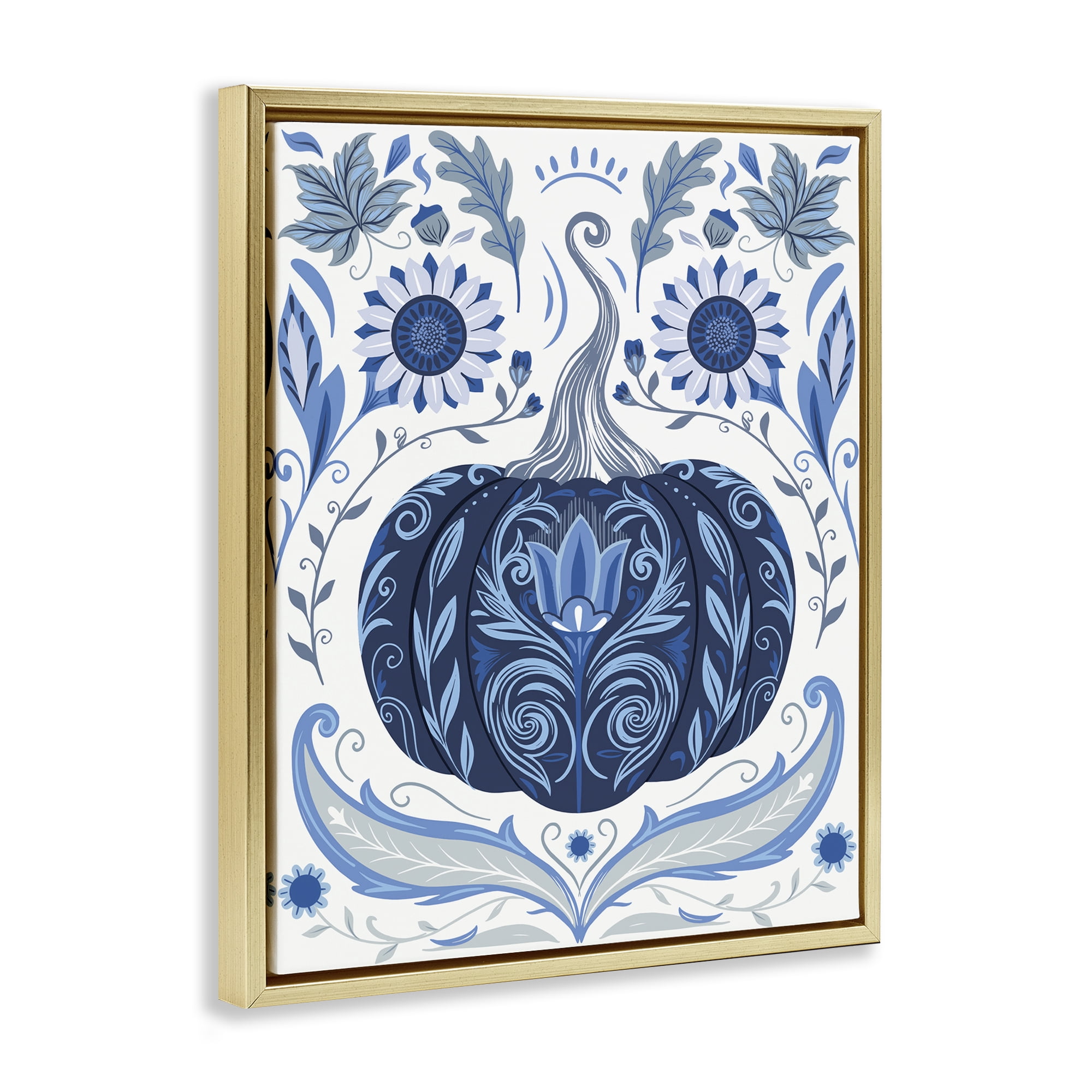 Stupell Industries Symmetrical Floral Pumpkin Plants & Flowers Painting Gold Floater Framed Canvas Art Print Wall Art, 25 x 31
