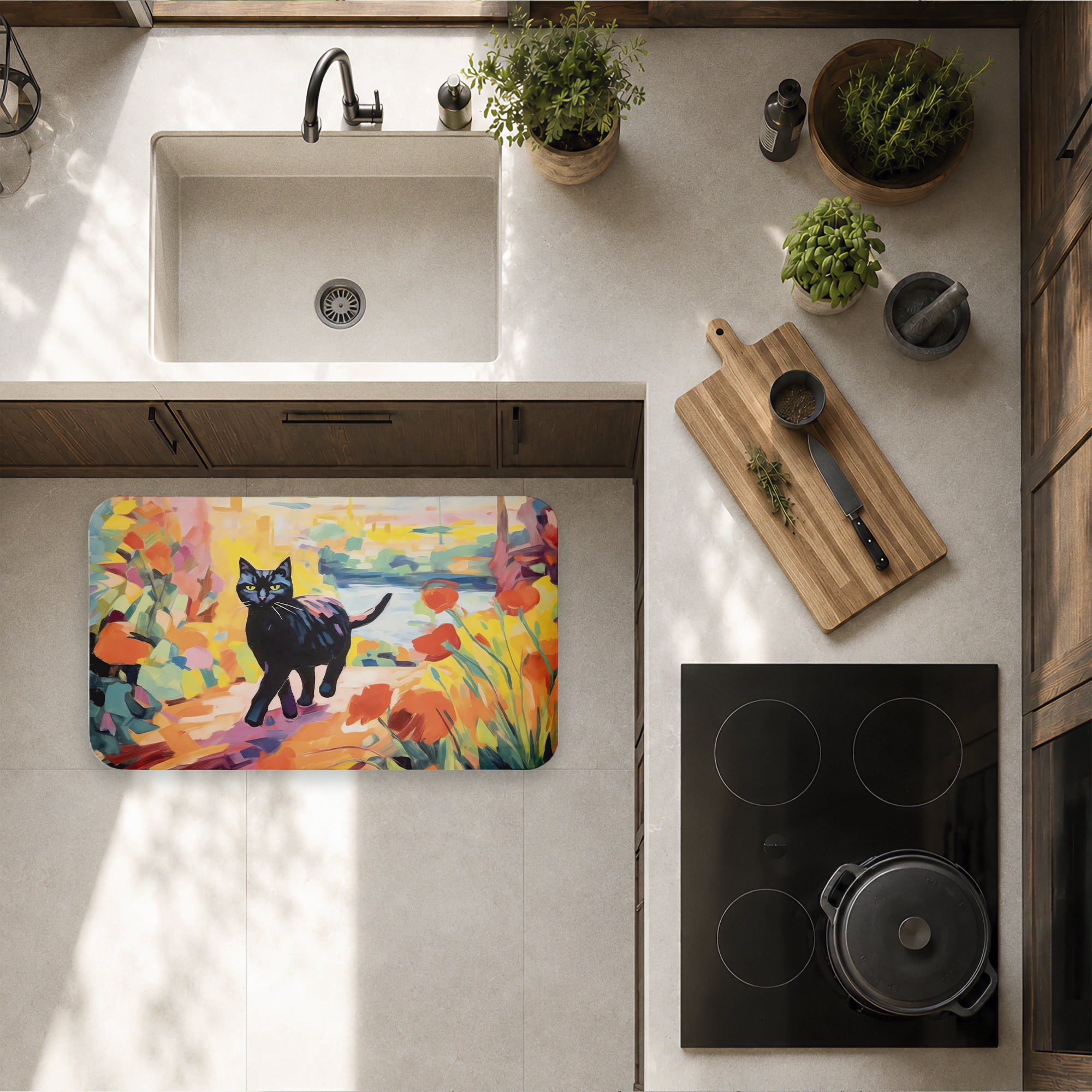 Stupell Industries Cat In Bright Harmonious Garden Printed Anti-Fatigue Floor Mat, design by Creative Studio
