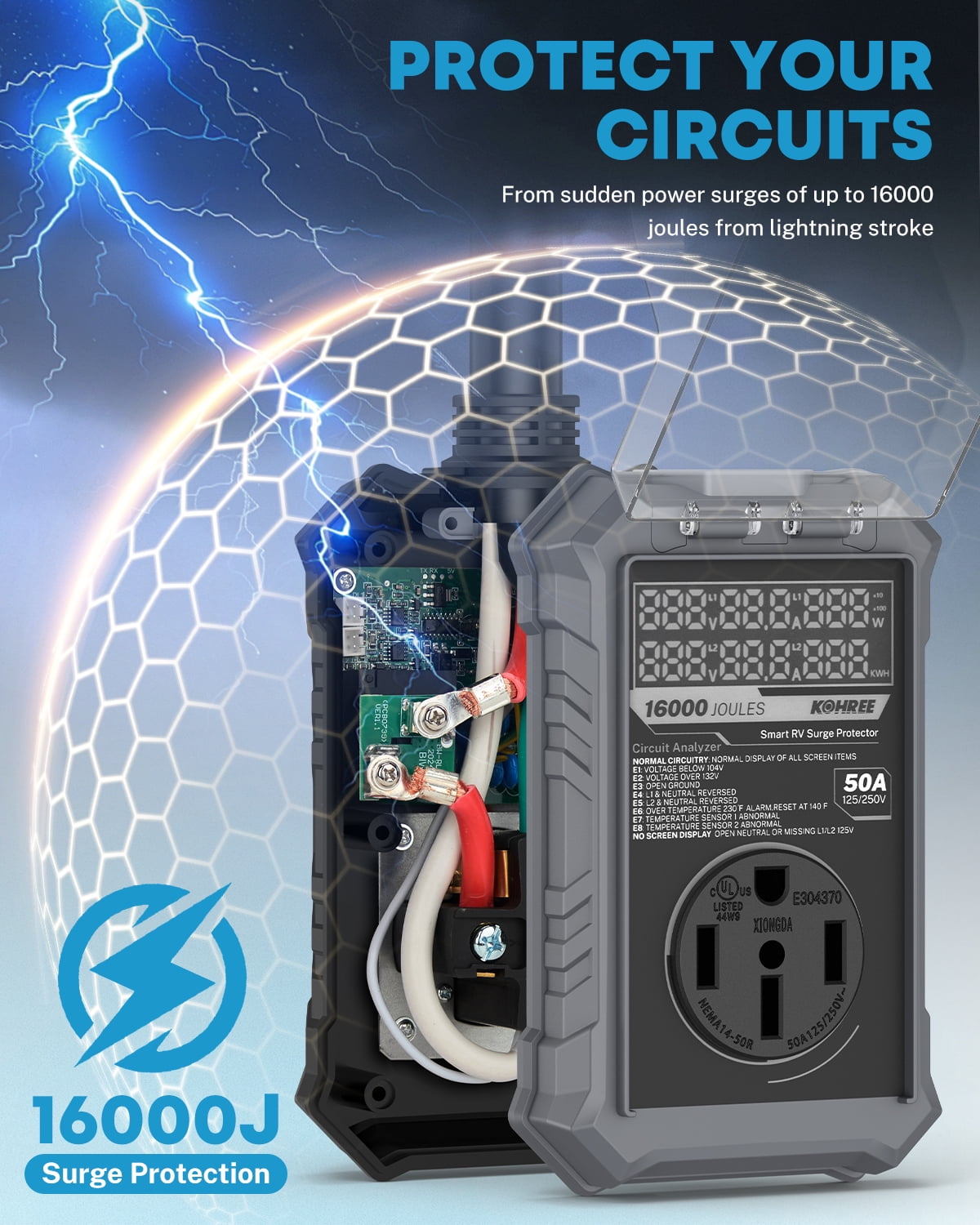 Kohree RV Surge Protector 50 Amp, 125V/250V 16000 Joules RV Circuit Analyzer with High/Low Voltage Protection for Camper Travel Trailers