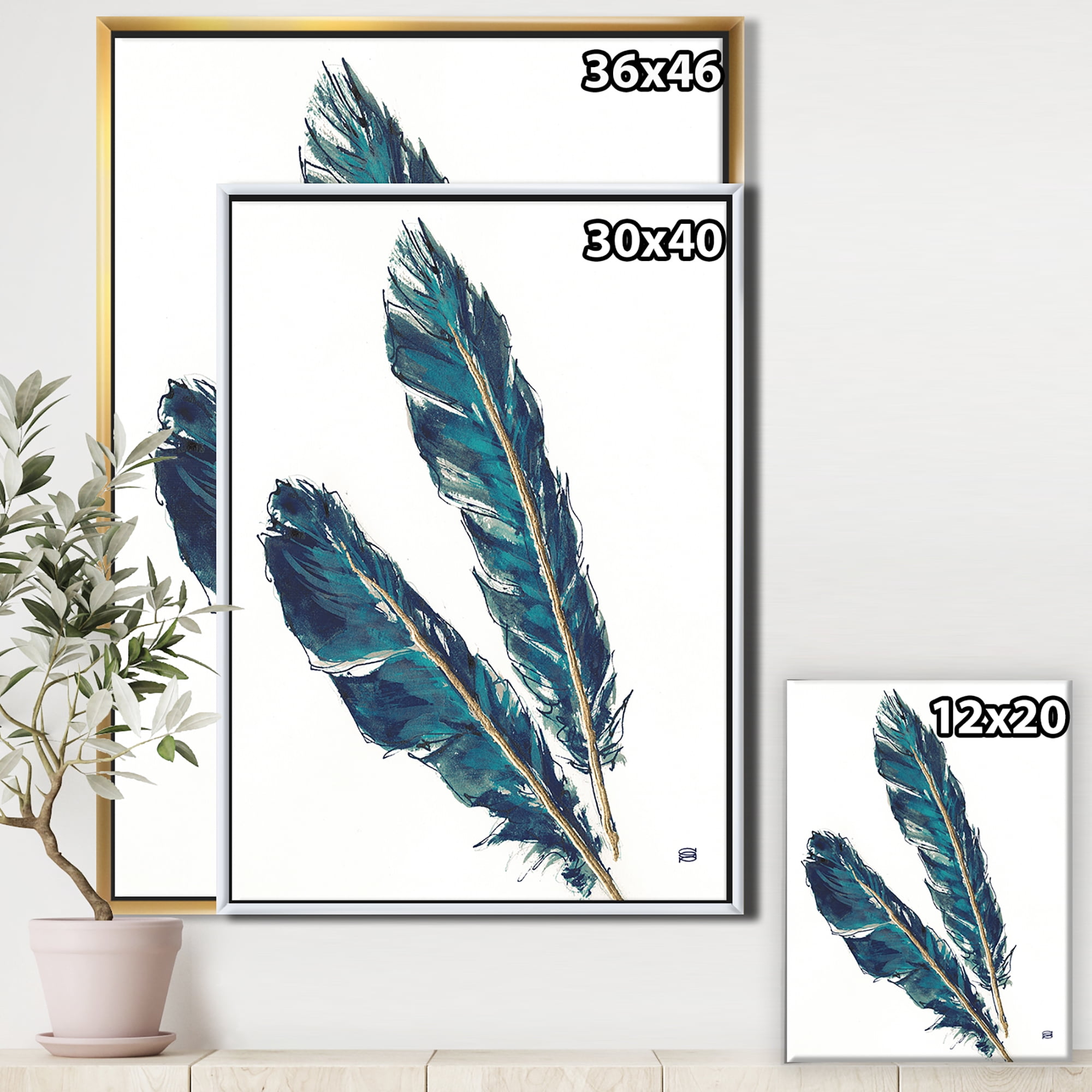 Designart ' Gold Indigo Feathers III ' Modern Bohemian Framed Canvas