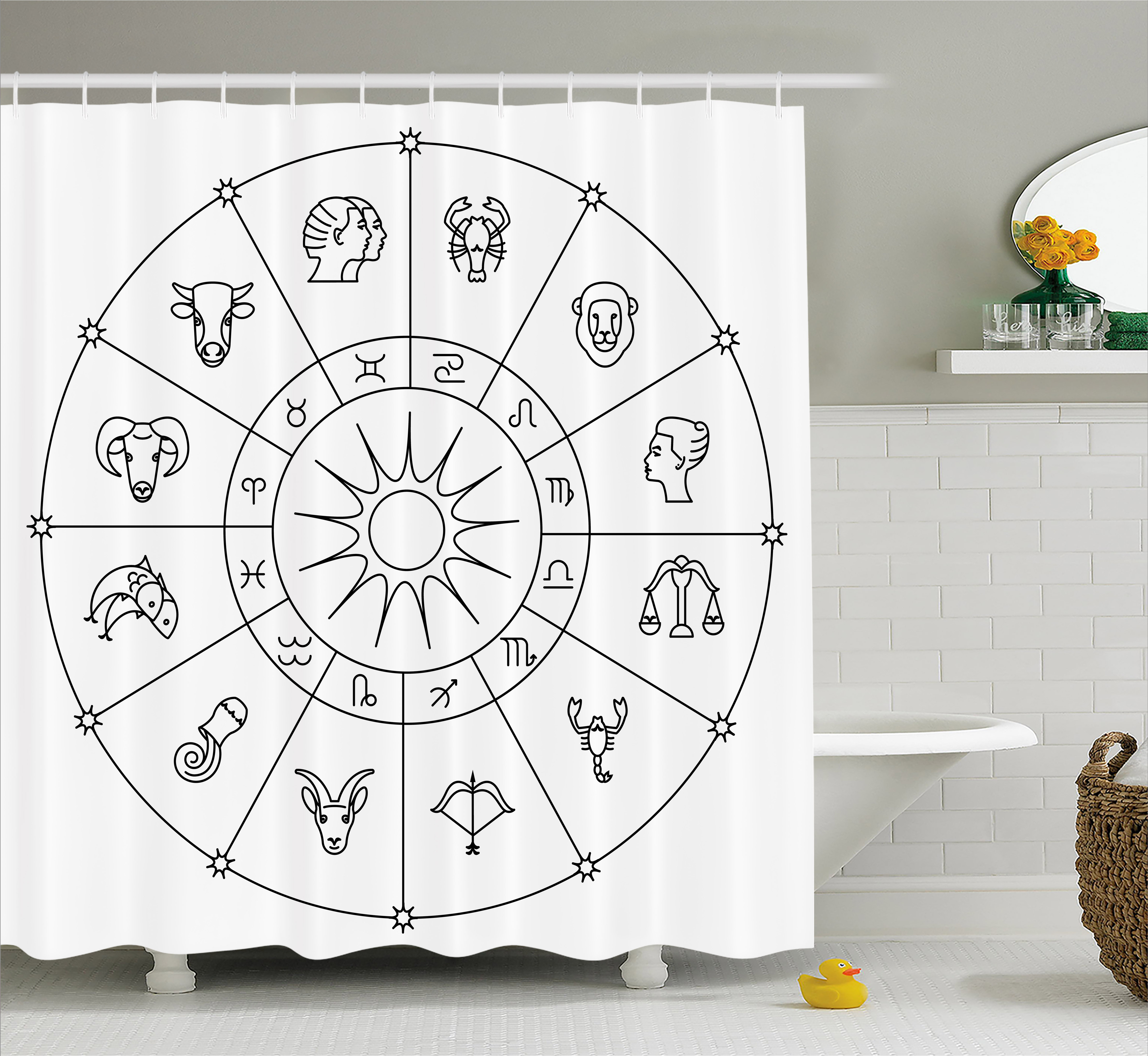 Astrology Shower Curtain, Sketchy Zodiacal Circle with Astrology Signs