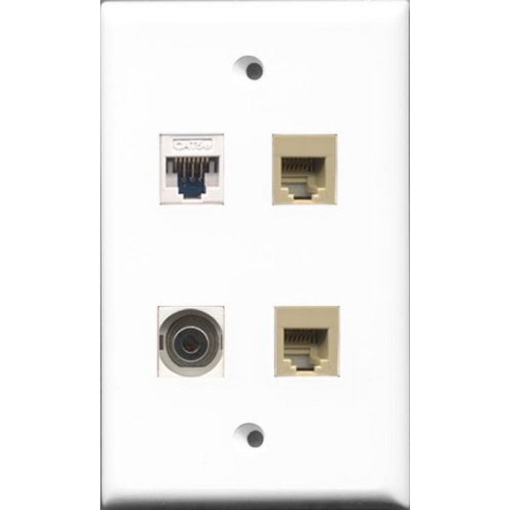 RiteAV - 2 Port Phone RJ11 RJ12 Beige and 1 Port 3.5mm and 1 Port Cat5e Ethernet White Wall Plate