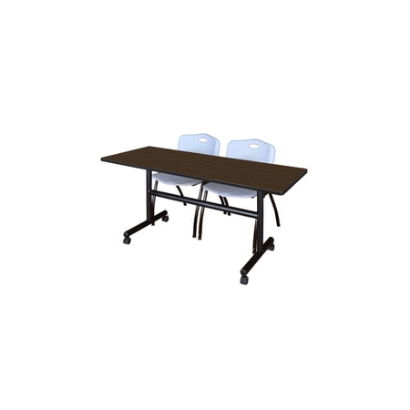 Regency Kobe 60 x 24 in. Flip-Top Training Nesting Table- Neo Walnut 2 M Stack Chairs- Grey
