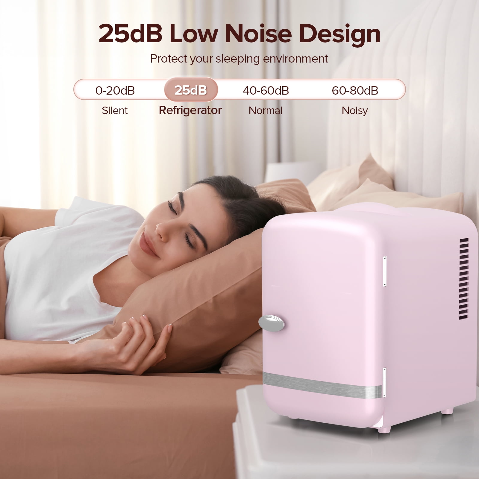 Auseo Mini Fridge Personal Beauty Refrigerator, 4 Liter, Includes Plugs for Home Outlet & DC Charger, Dorm, Bedroom, Table Top Beverage Cooler for Drinks, Soda, Wine - Pink