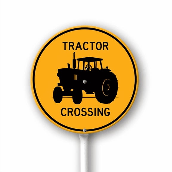 Eveokoki Tractor Crossing Round Sign with Metal Stake -9.2x9.2inch Lawn Sturdy Aluminum Signs for Outdoor Use Waterproof Sign Outdoor Decor for Lawn Yard Garden