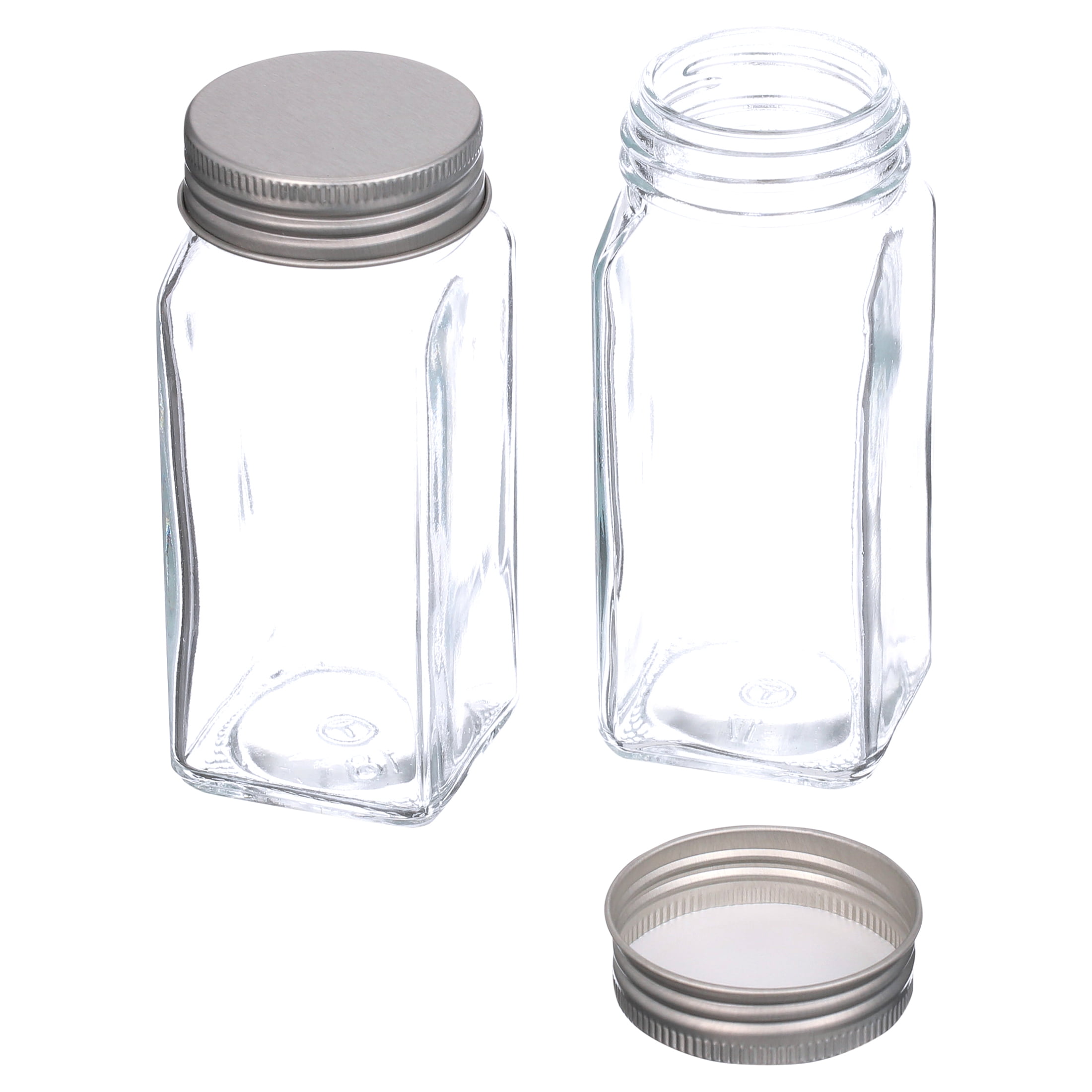 16 Pack 6 oz Glass Spice & Salts Jars Bottles, Clear Square Glass Seasoning  Jars With Aluminum Silver Metal Caps and Pour/Sift Shaker Lid. 1 Pen,40  Black Labels and 1 Foldable Wide