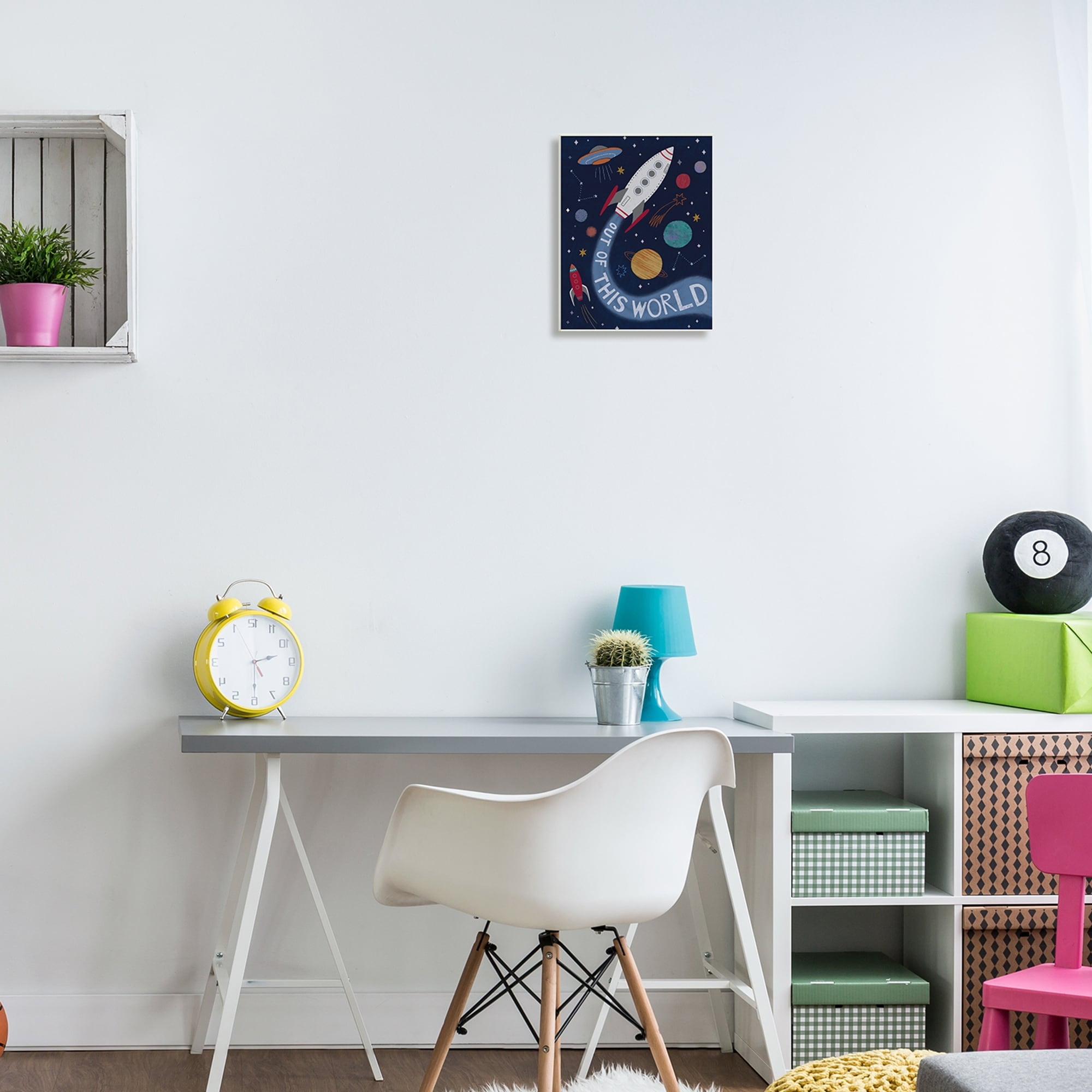 Stupell Industries Out Of This World Text Flying Rocket Ship Galaxy Wood Wall Art, 10 x 15, Design by Nina Seven