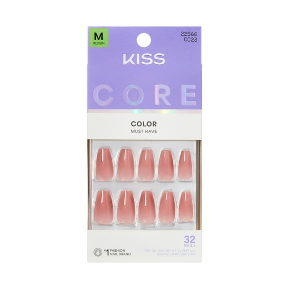 KISS CORE Color Press On Nails, ‘Jubilation’, Pink, Medium Coffin, 32 Count