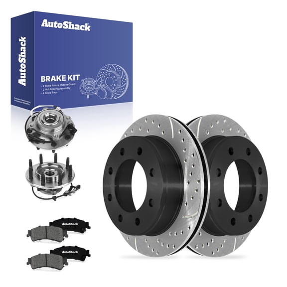 AutoShack Rear Vented Drilled & Slotted E-Coated Brake Rotors   Premium Ceramic Pads   Hub Bearing Assembly 8-PC Brake Kit Replacement for 2005 GMC Sierra 1500 ShadowGuard 12.99" (330 mm)