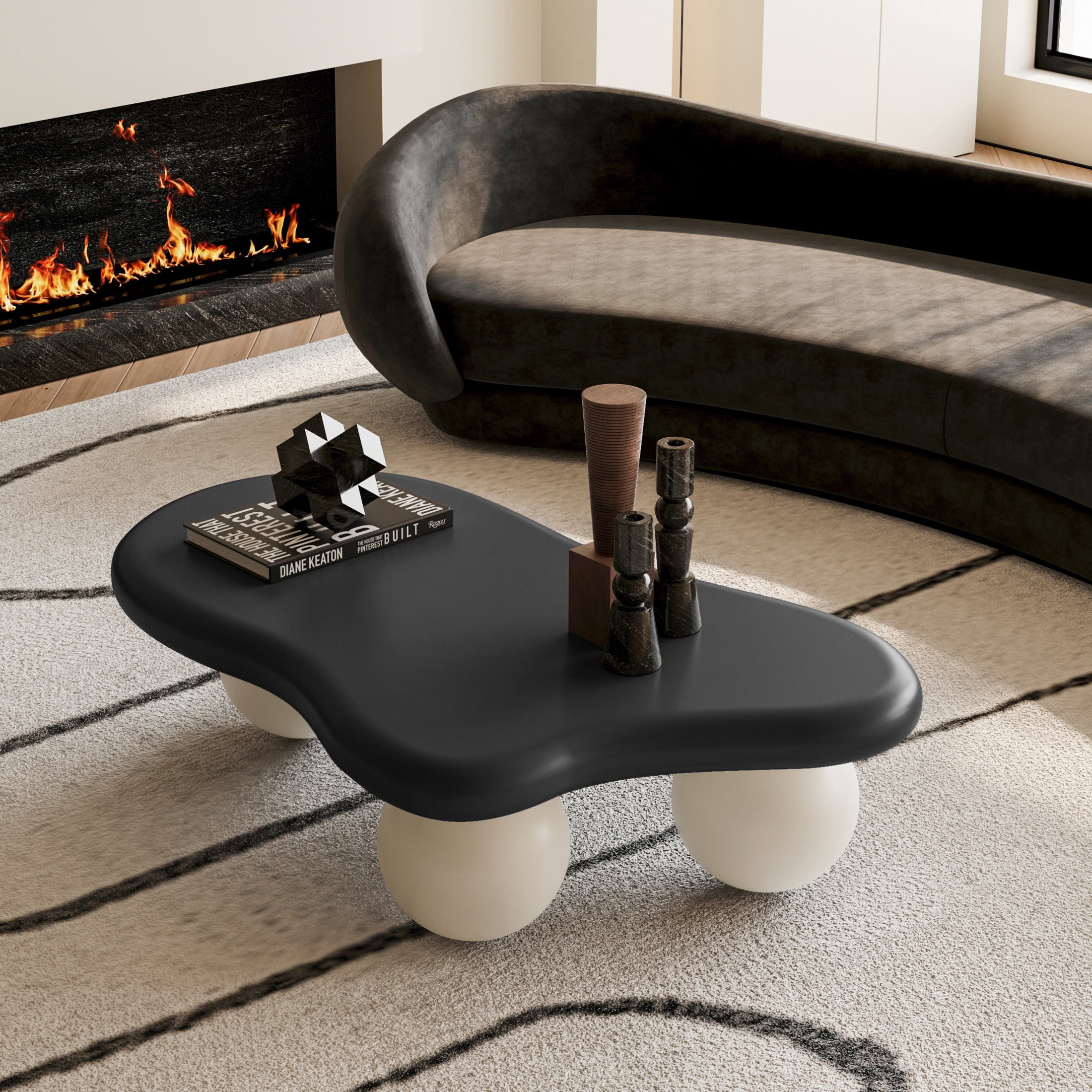 Noble House 40" Cloud Shaped Coffee Table with Ball Legs, Modern Aesthetic Accent Table for Living Room, Black Top White Legs