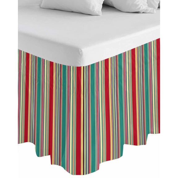 Green Red Striped Wrap Around Bed Skirts for King Bed 16" Drop, Bed Skirt with Adjustable Elastic Belt Dust Ruffle Bed Valance for Bedroom Hotel Luxury Farmhouse Colorful Stripes Bed Frame Cover