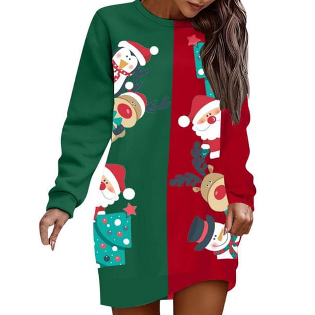 WILLBEST Sudadera Informal de Mujer con Estampado Navideño Interesante En Bloques de Color Verde y Rojo, Cuello Redondo, Manga Larga y Sin Capucha X-Grande