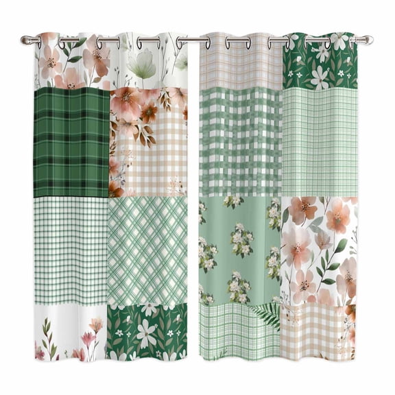 Curtains 84 Inches Long 2 Panels, Boho Spring Floral Grommets Window Treatment Curtain, Retro Flowers Plants Patchwork Grid Green Thermal Curtains Drapes for Living Room/Bathroom