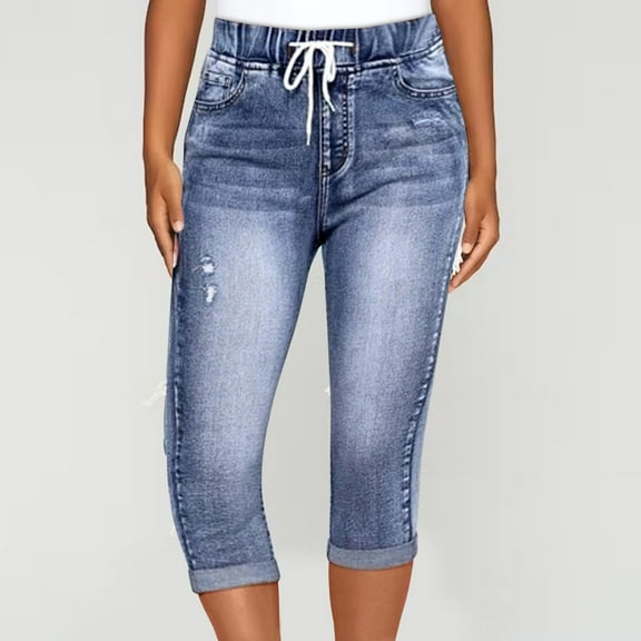 Capri Pants jeans for Women Plus Size Casual High Waisted Denim Fashion Button Solid Color Denim Classic Fit Travel Denim Pants With Pocket