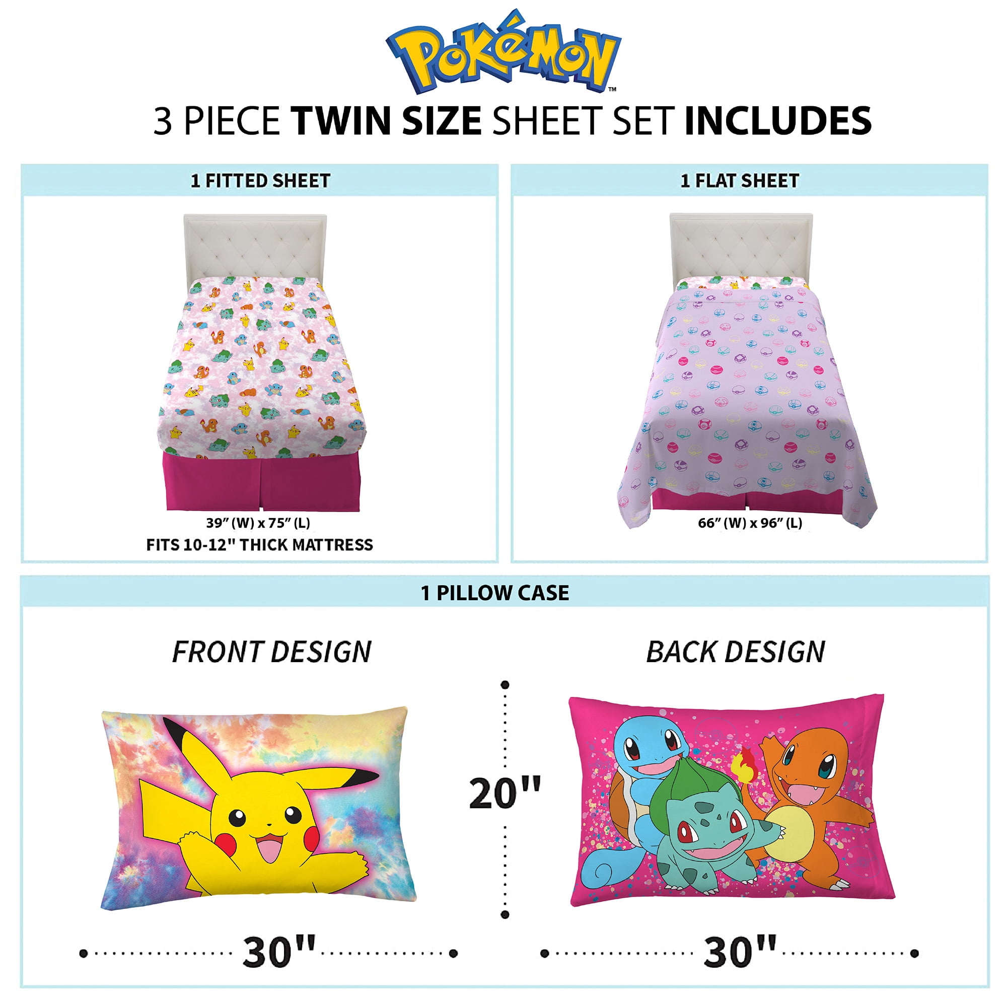 Pokemon Kids Twin Sheet Set, Gaming Bedding, Purple and Pink