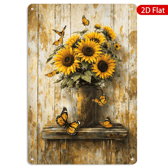 8x12 Inch Rectangular Metal Wall Art, Vintage Sunflower and Butterfly Rustic Farmhouse Decor with Weathered Wood Background, Tin Metal Wall Plaque 1pc for Home Kitchen Living Room