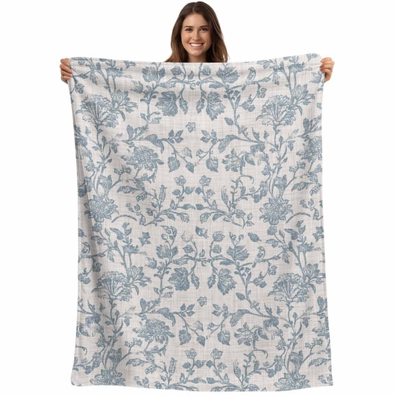 Farmhouse Flower Blanket Soft Cozy Warm Throw Blanket for Couch, Plush Fuzzy Flannel Fleece Blankets for Sofa, Botanical Vintage Light Blue Leaf Bed Blankets Lightweight Gifts for Women, 50"x80"