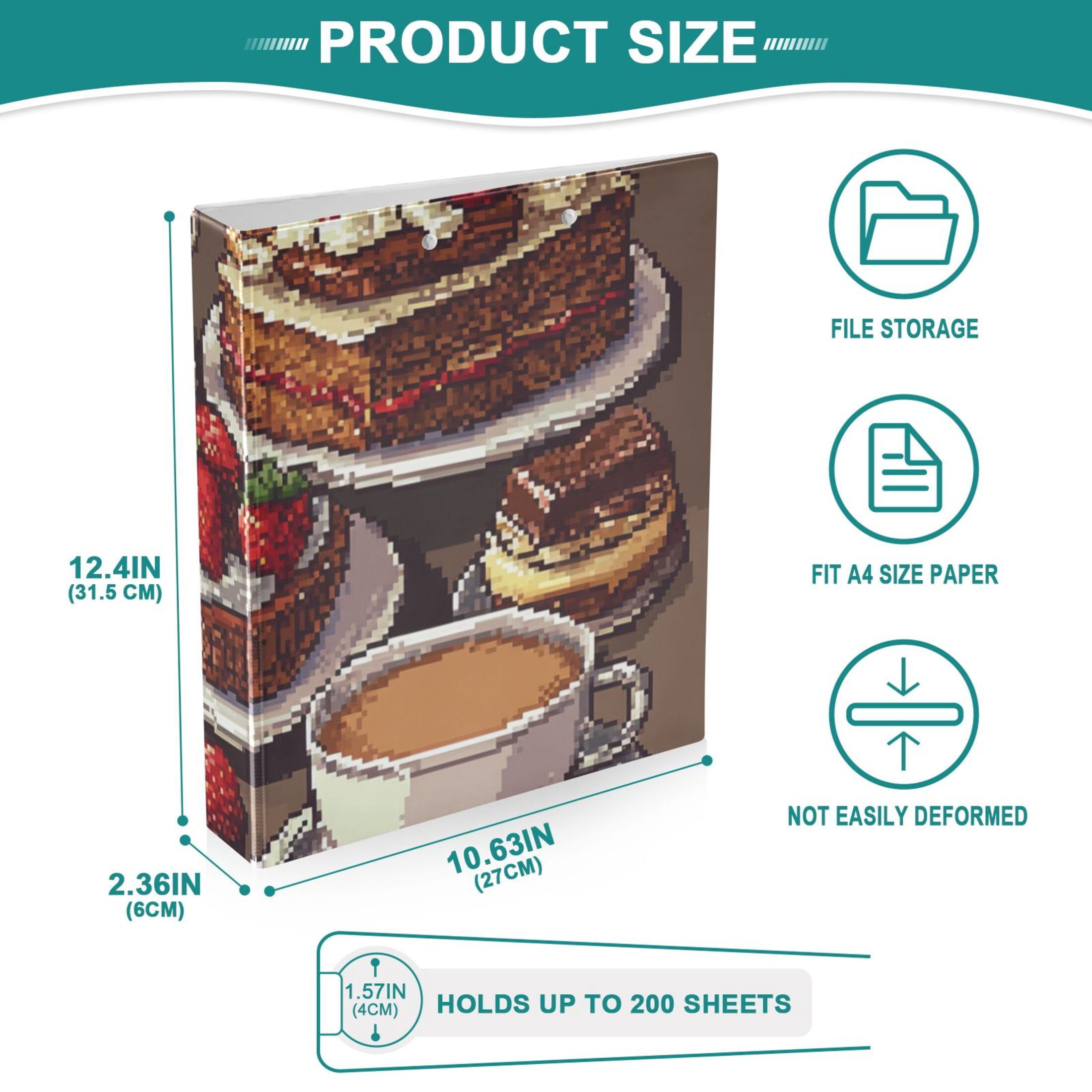 Pixel Coffee Cakes 3 Ring Binders 1.5 inch Hardcover File Folders with Interior Pockets A4 Size Organizer for School Office Hospital