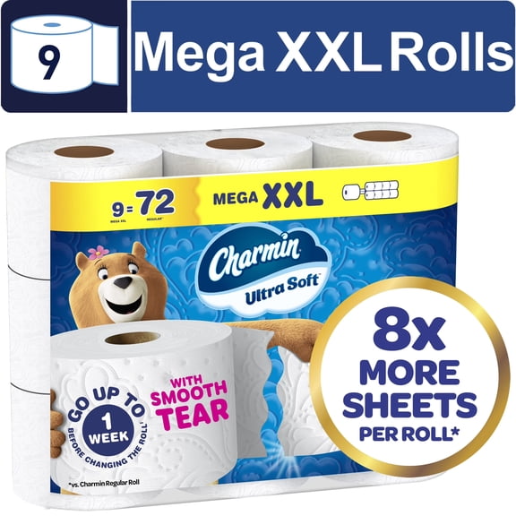 Charmin Toilet Paper Ultra Soft, 9 Mega XXL Rolls, 2-ply Bath Tissue