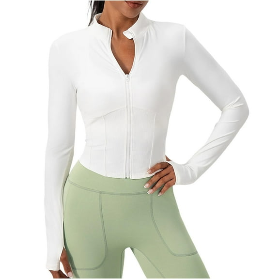 Gpaecead Cropped Full Zip Up Workout Jacket Slim Fit Running Athletic Gym Yoga Sports Jacket With Thumb Holes White