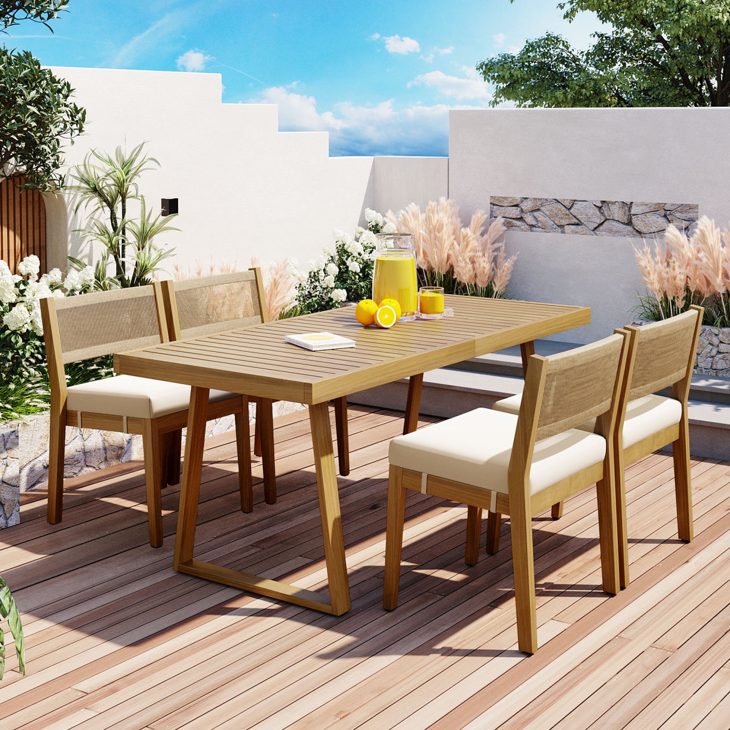 Harper & Bright Designs Patio Outdoor Acacia Wood Dining Set for 4, 5 Pieces All Weather Farmhouse Dining Furniture Set with Table and 4 Chair for Outdoor Garden Porch, Beige