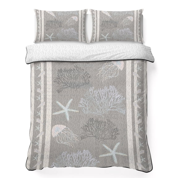 Queen Quilt Set 90''x96'', Gray Coastal Lightweight Bedspread Coverlet Set with 2 Pillow Shams, Nautical Beach Summer Sea Starfish Coral Breathable All Season Quilt Bedding for Bedroom/Guest Room