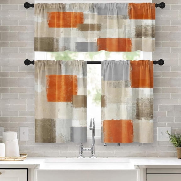 Kitchen Curtains Sets for Windows 52x39 Inch 3 Pack Vintage Orange | Abstract Art Modern Rod Pocket Cafe Curtain Drapes for Living Room Bedroom Bathroom Kitchen Over Sink Decor