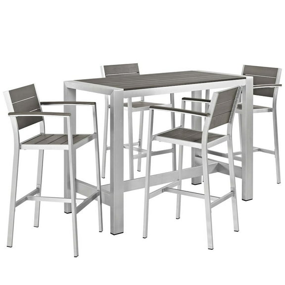 Modway Shore 5 Piece Outdoor Patio Aluminum Dining Set in Silver Gray