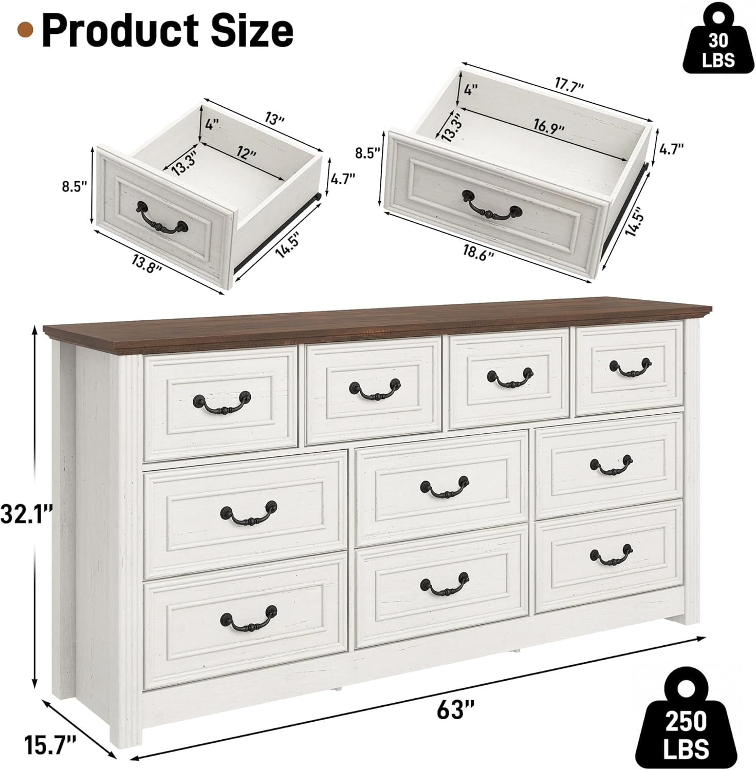 ChVans Farmhouse 10 Drawers Dresser for Bedroom, 63'' Wide Wood Rustic Chest of Drawers with Natural Texture, Vintage Design, Large Storage Dressers Organizer for Living Room, Hallway