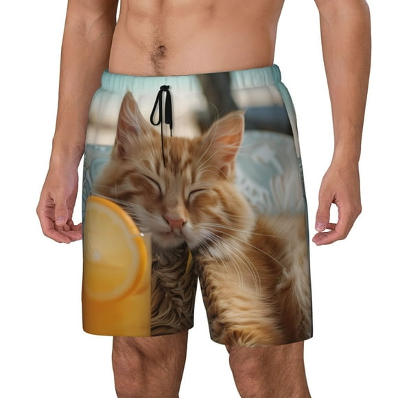 Balery Relaxing Cat With Orange Juice Bañador para hombre, shorts de playa de secado rápido con entrepierna y forro de compresión-3X-Large