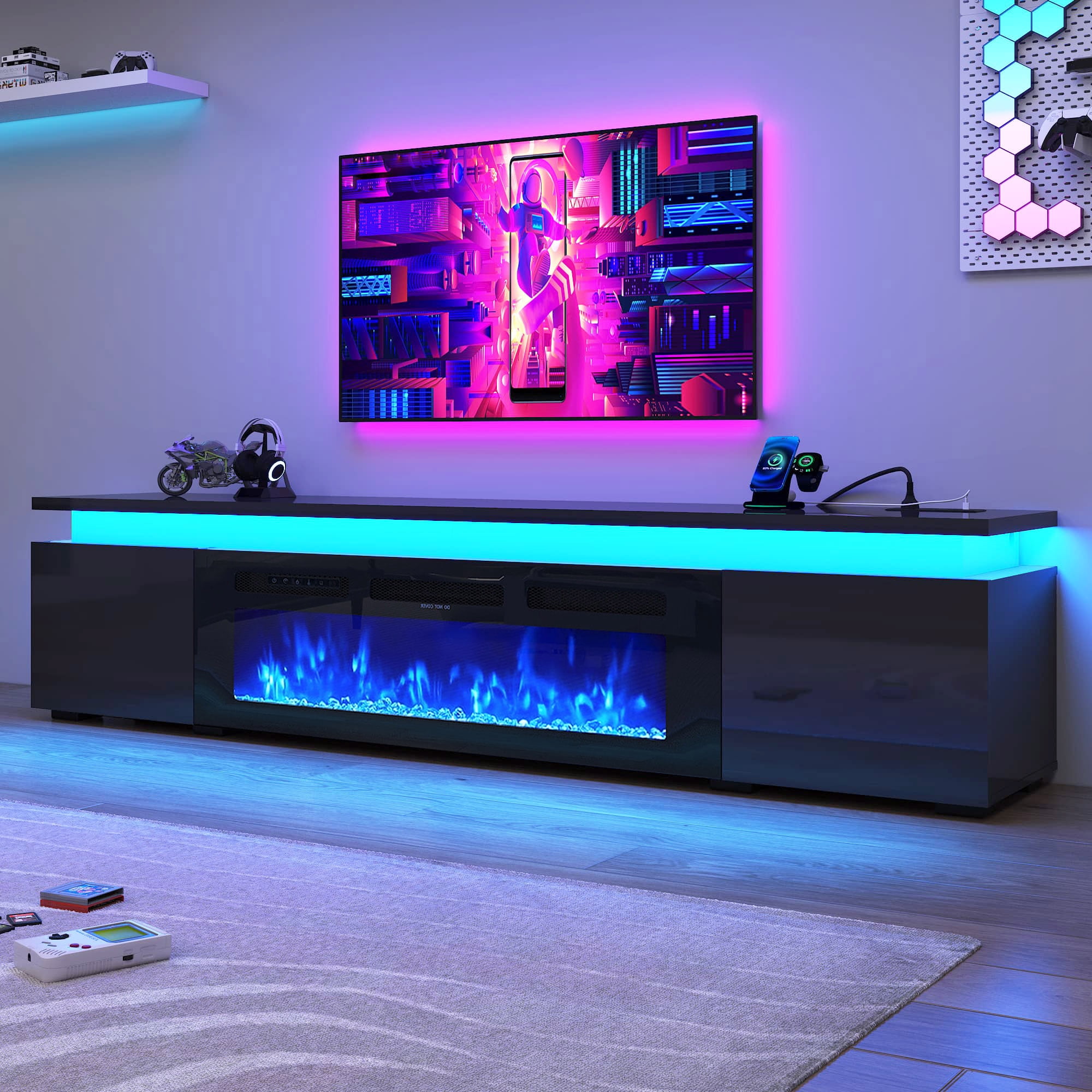 83" LED TV Stand with 40" Fireplace for 80” 85" 90" 95" TVs, Glossy Fireplace TV Stand Gaming Entertainment Center with Power Outlet for Modern Living Room