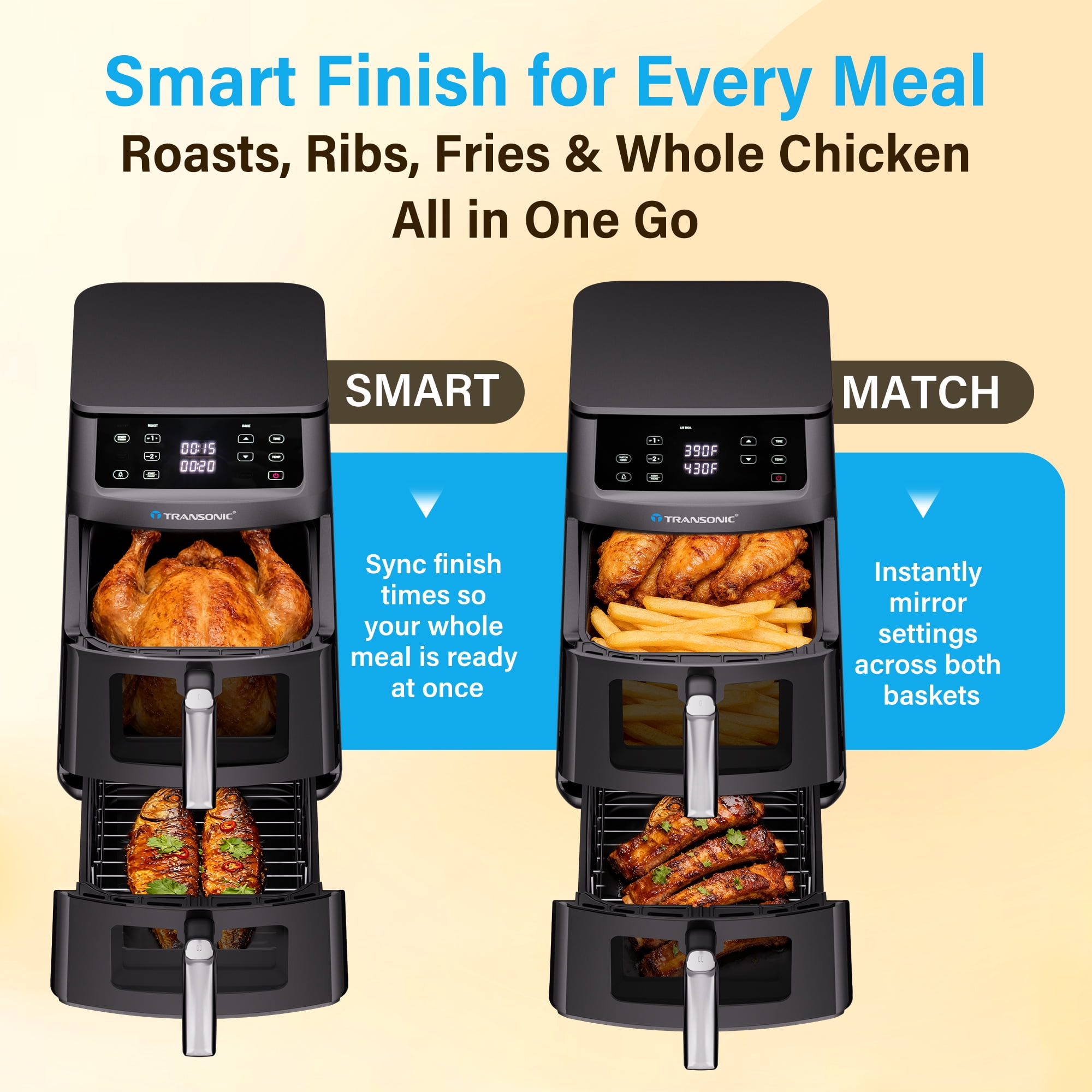 Transonic 11QT Air Fryer Dual Vertical Basket Design (Deep Top & Long Bottom) for Whole Chicken & Ribs, 430°F High-Heat Broil, 360° Rapid Circulation, 6 in 1 Preset Function, Family Meals, BPA Free