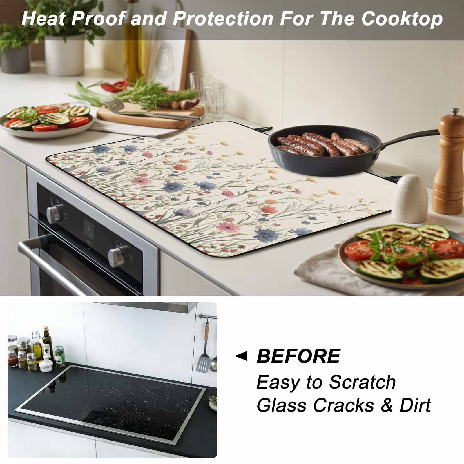 Spring Floral Stove Top Cover for Electric Stove, Heat-proof & Non Slip Glass Top Stove Cover Protector, Watercolor Rustic Summer Botanical Kitchen Flat Cooktop Rubber Mat 24x21 Inches