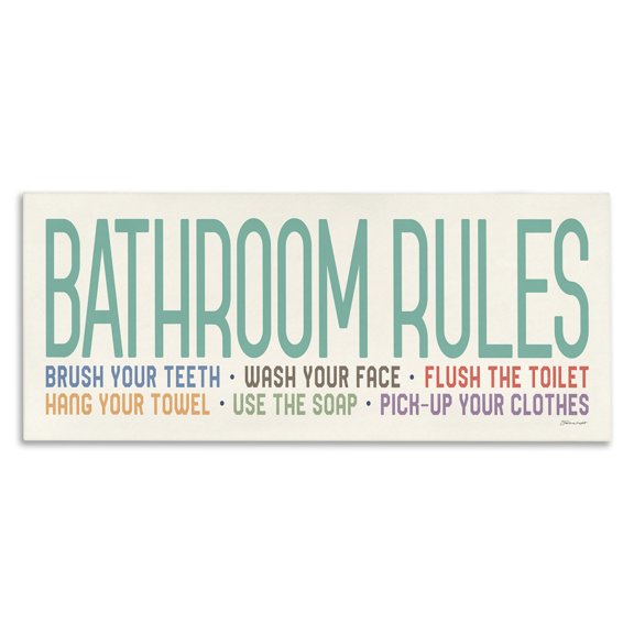 Stupell Industries Bathroom Rules with Teal Text Abstract Painting Gallery Wrapped Canvas Art Print Wall Art, 40 x 17
