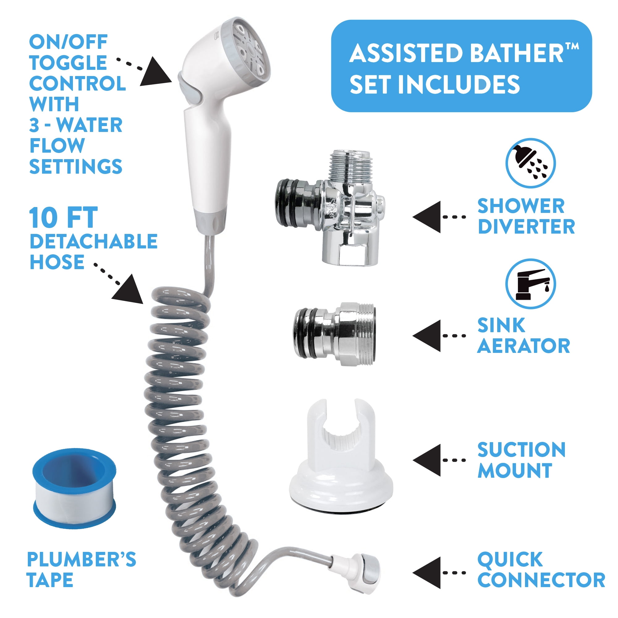Rinse Ace 3in1 Quick Connect Assisted Bather Shower Sprayer