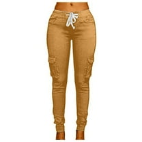 Qetyuw Cargo Leggings for Women Low Rise Skinny Pants with Multi Pockets Stretch Drawstring Slim Fit Trousers Solid Color Cinch Bottom Baggy Pants