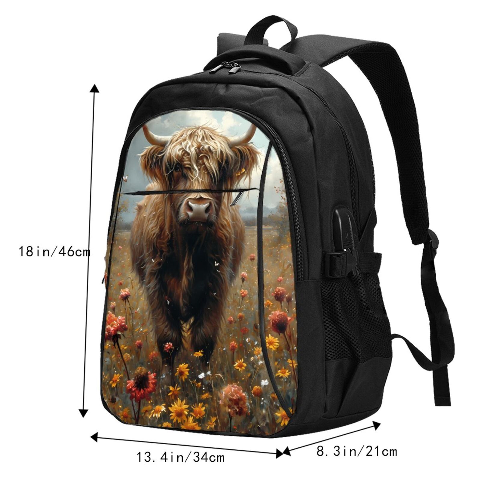 Vsdgher Grassland Sunflower Cow Print Travel Laptop Backpack, Laptops Backpack with USB Charging Port, Water Resistant Computer Bag Gift for Men & Women