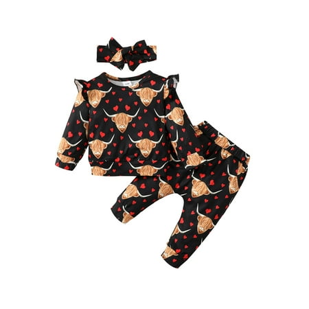 

Infant Baby Girls Sping Sweatshirt Set Heart Print Round Neck Long Flying Sleeves Pullover + Pants + Bow Headband