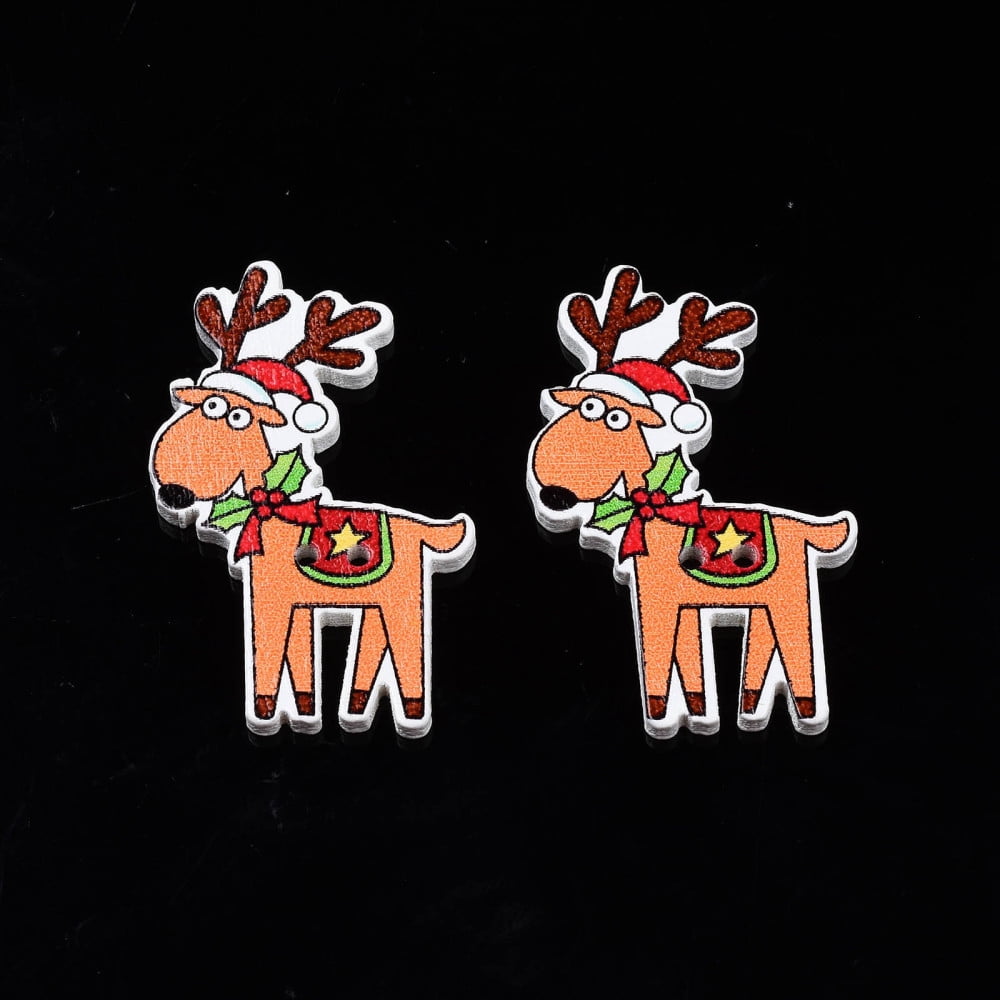 1000pcs Christmas 2-Hole Spray Painted Maple Wooden Buttons Single-Sided Printed Christmas Reindeer/Stag Sandy Brown 40x25.5x2mm Hole: 1.6mm
